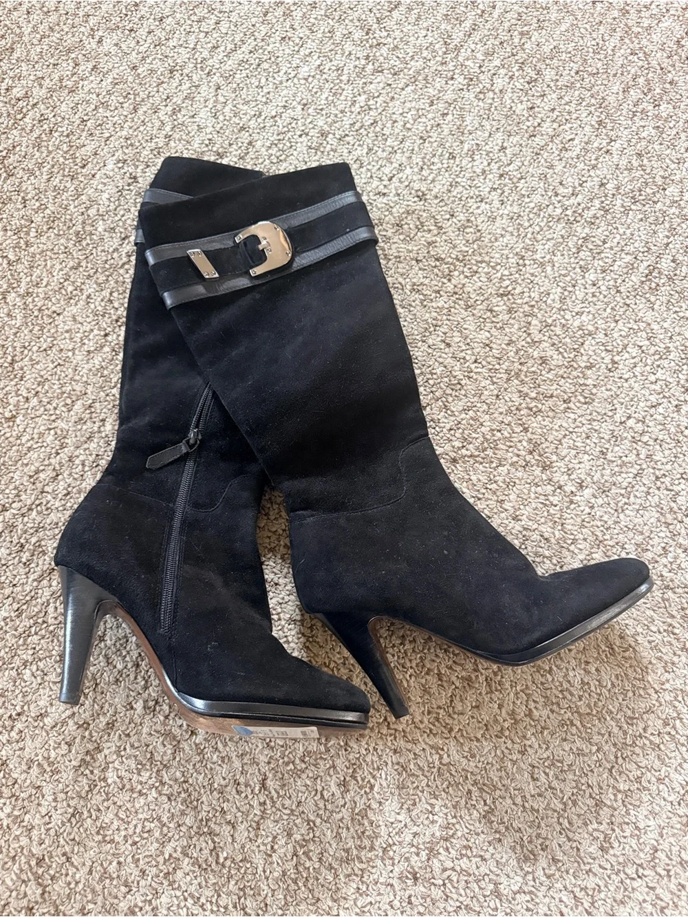 Cole Haan Nike Air Black Mid-Calf Suede Heeled Boots with Buckle Straps